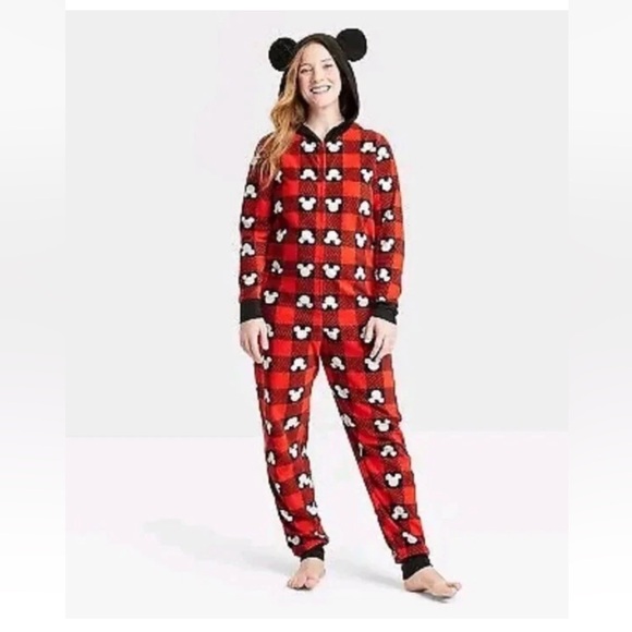 Disney Red and Black Mickey Mouse Pajama Onesie - Picture 1 of 4